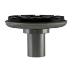 drop-in screw pad with a metallic cylindrical base and a circular black rubber top featuring a grooved texture for grip and stability.