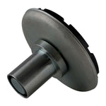 A drop-in screw pad viewed from a tilted angle, highlighting its metallic cylindrical base and wide circular support plate with a black textured rubber top.