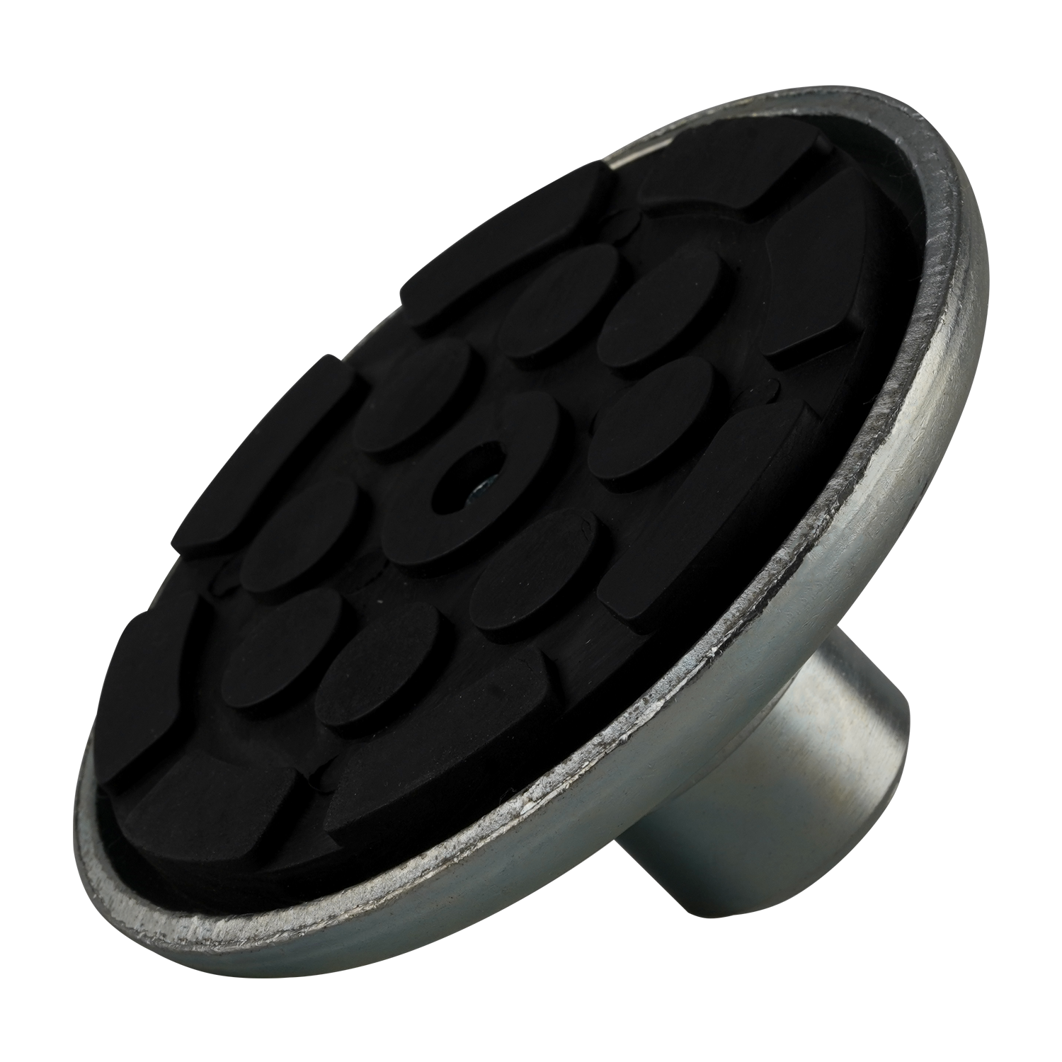 A close-up of a rubber pad with a textured black surface and a metal base, designed for stability and protection in vehicle lifting setups.