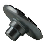 A metal base with a rubber pad attachment designed for vehicle lifting equipment, shown from a side angle. 