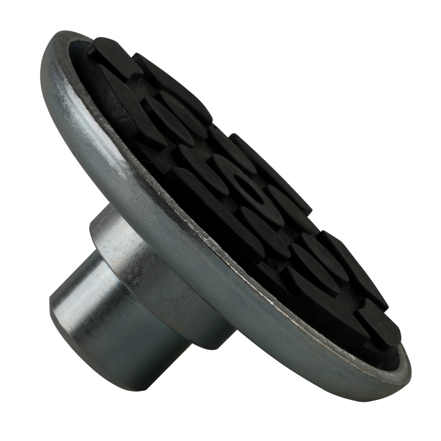 A drop-in rubber pad with a textured black surface and a metal base, designed for vehicle lifting setups. 