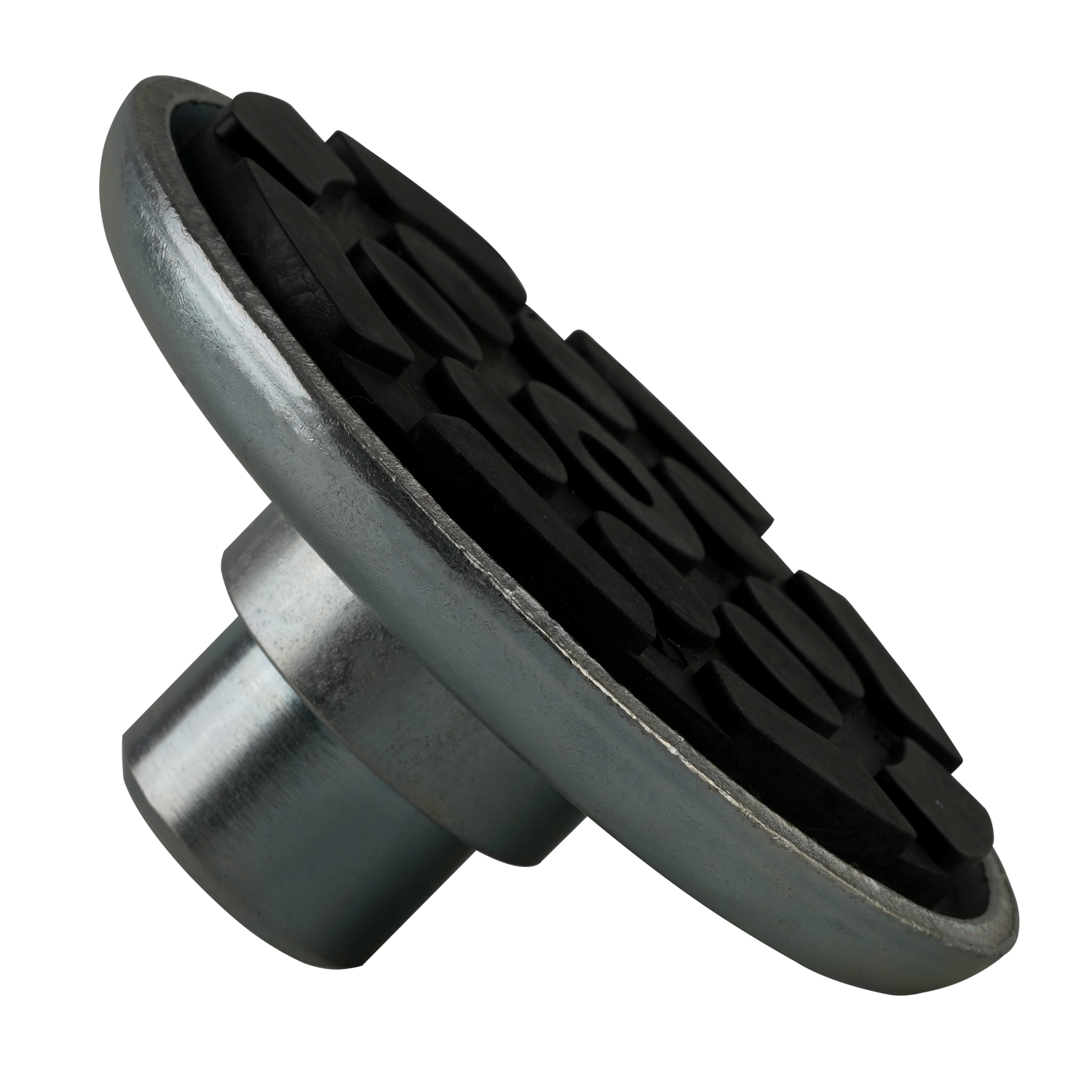 A drop-in rubber pad with a textured black surface and a metal base, designed for vehicle lifting setups. 