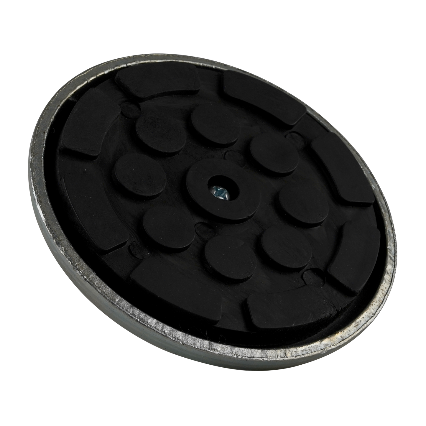 A top-down view of a rubber pad with a textured black surface, set within a metal frame.