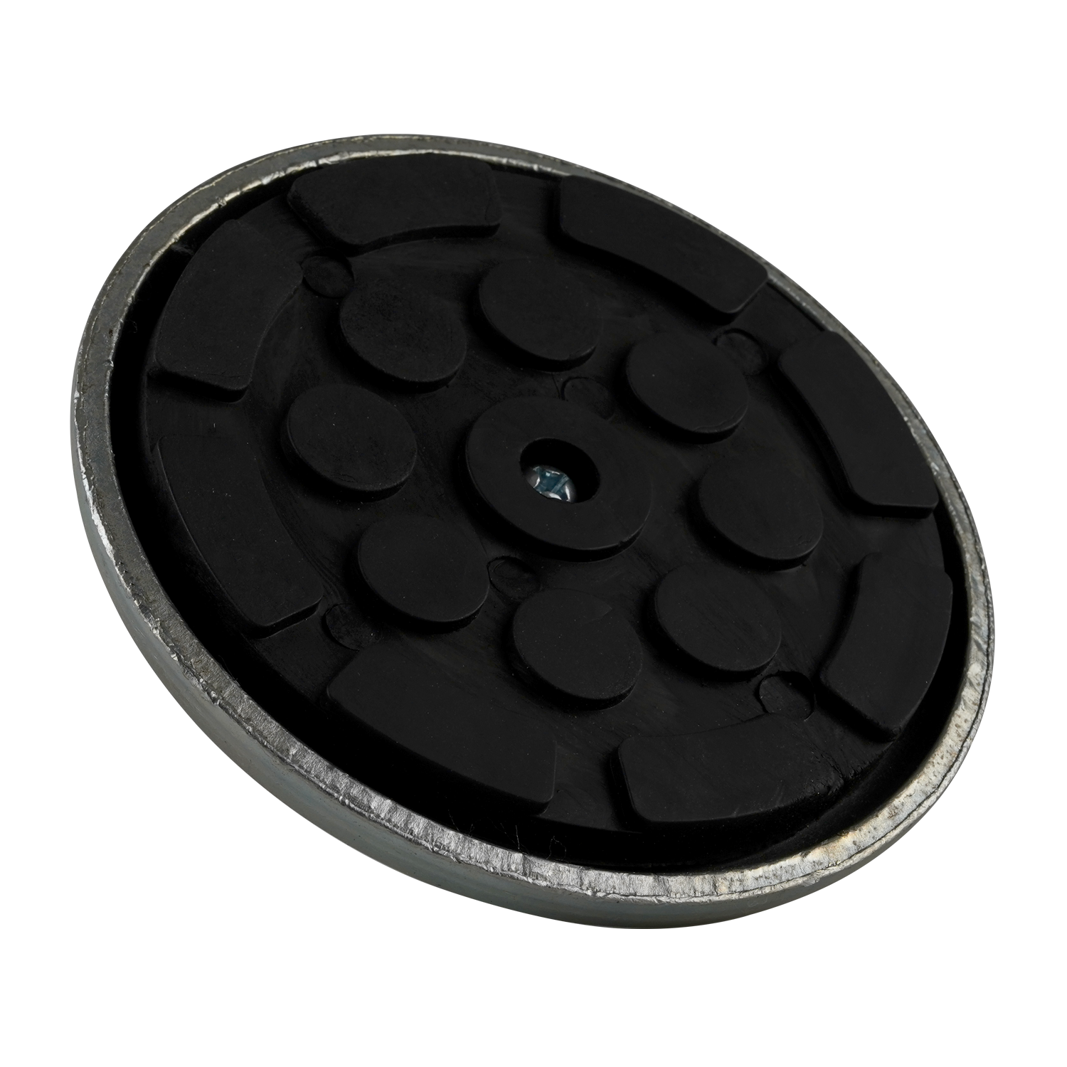 A top-down view of a rubber pad with a textured black surface, set within a metal frame.