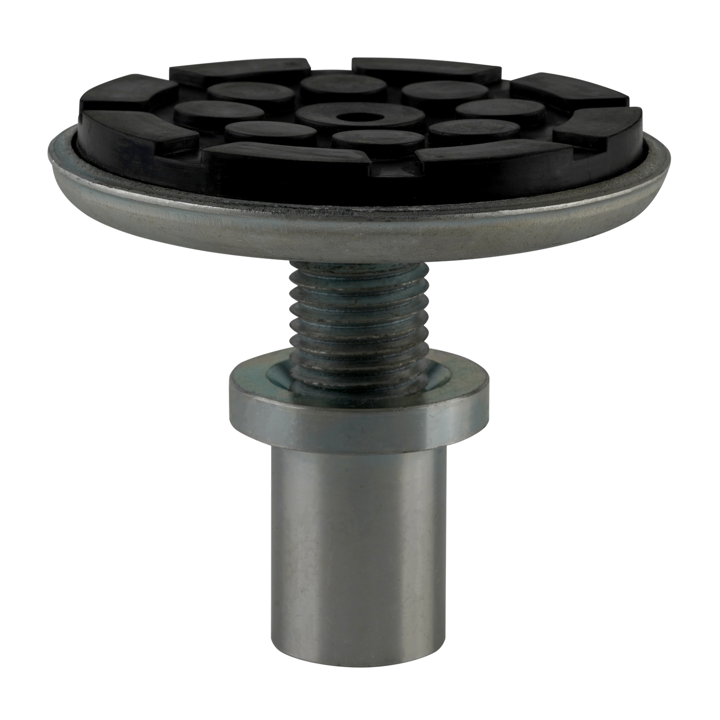 Drop-in screw pad, fully extended with a threaded base and a black grooved rubber top for secure grip and stability.