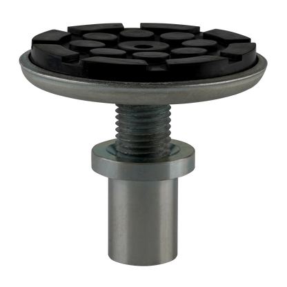 Drop-in screw pad, fully extended with a threaded base and a black grooved rubber top for secure grip and stability.