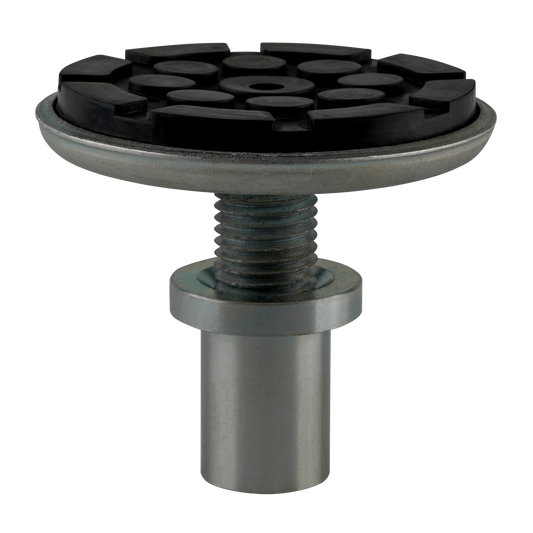 Drop-in screw pad, fully extended with a threaded base and a black grooved rubber top for secure grip and stability.