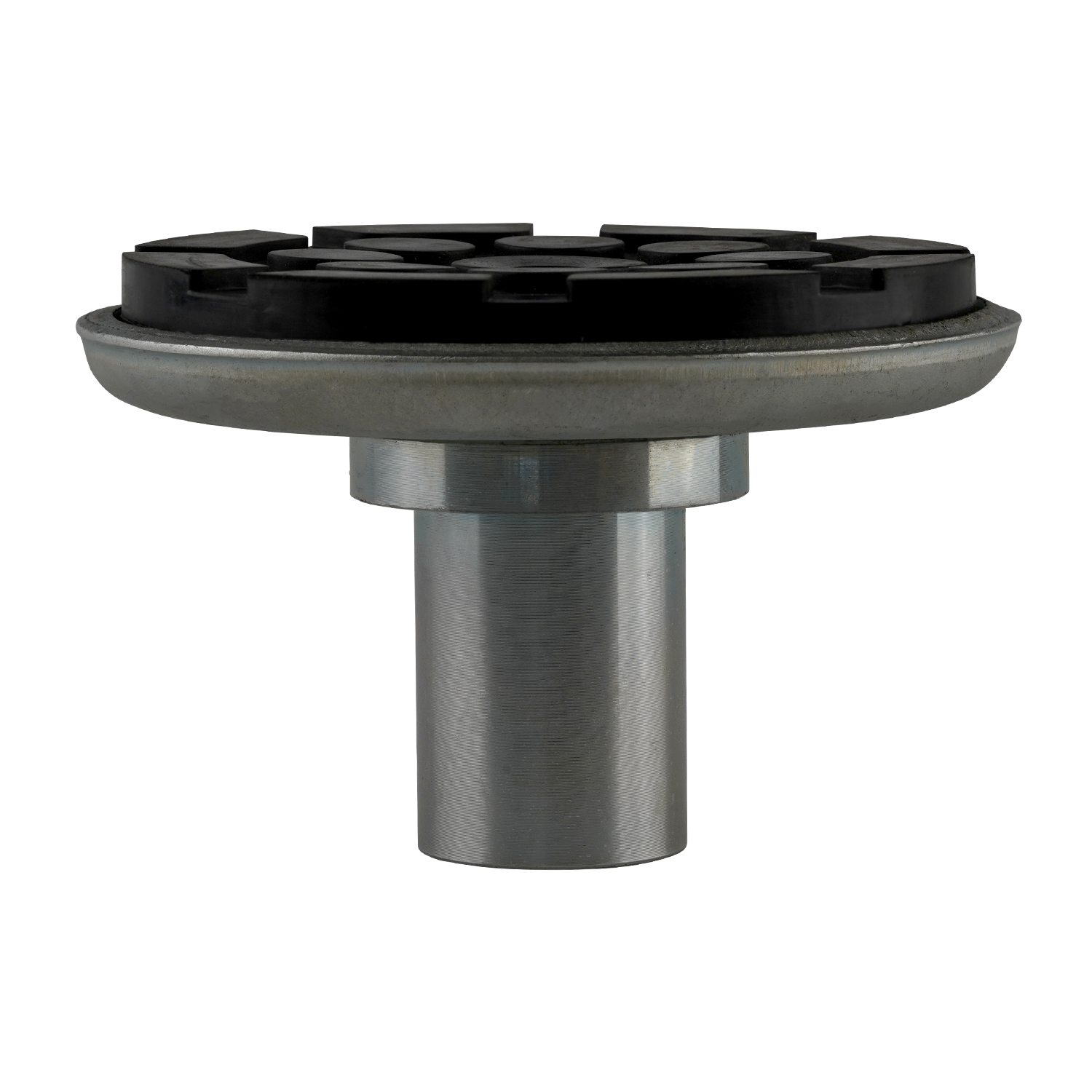 drop-in screw pad with a metallic cylindrical base and a circular black rubber top featuring a grooved texture for grip and stability.