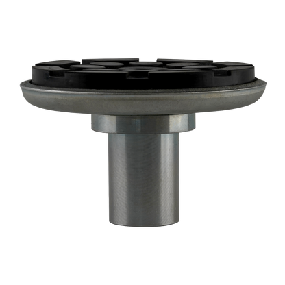 drop-in screw pad with a metallic cylindrical base and a circular black rubber top featuring a grooved texture for grip and stability.