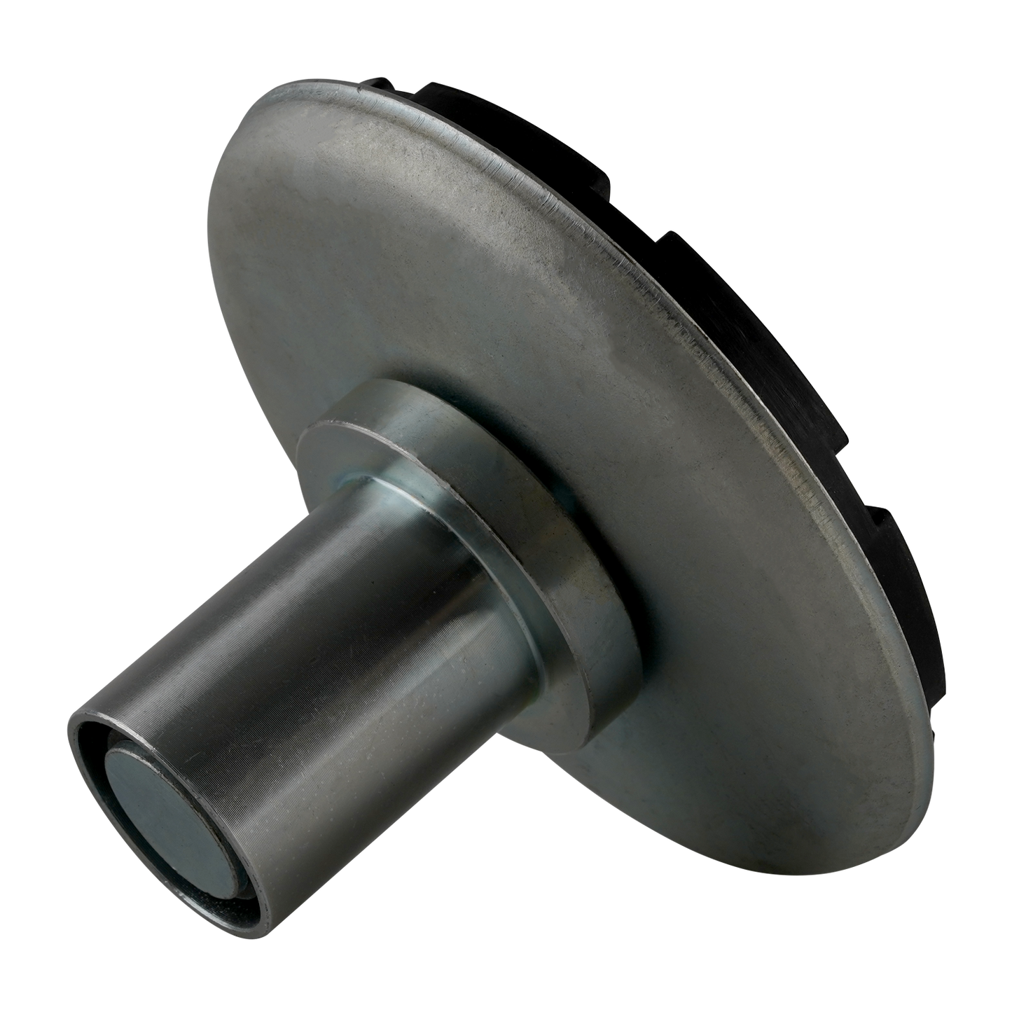 A drop-in screw pad viewed from a tilted angle, highlighting its metallic cylindrical base and wide circular support plate with a black textured rubber top.