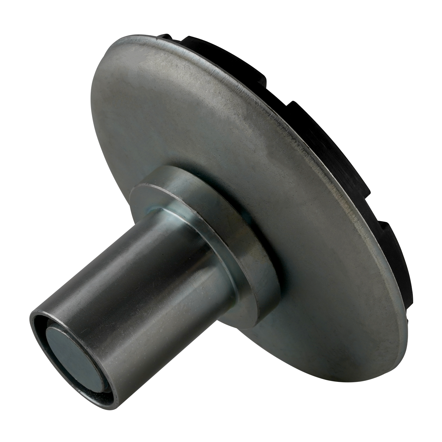 A drop-in screw pad viewed from a tilted angle, highlighting its metallic cylindrical base and wide circular support plate with a black textured rubber top.