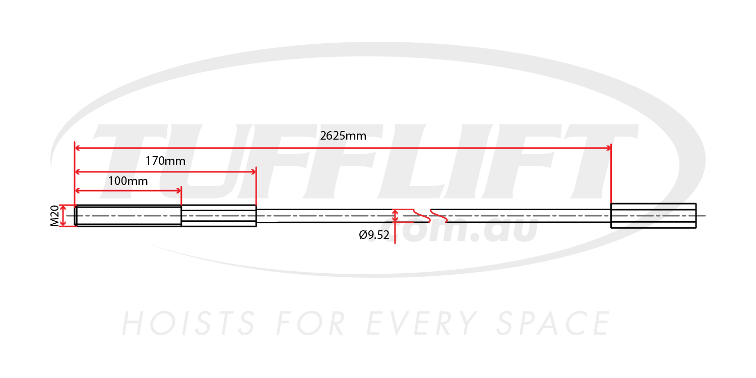 Technical drawing of a hoist cable measuring 2625mm in length, with specific measurements including an M20 thread and a diameter of 9.52mm. This diagram provides accurate dimensions for installation and compatibility.