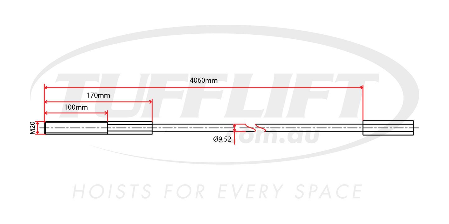 Technical diagram of a hoist cable measuring 4060mm in length, with an M20 thread and a 9.52mm diameter. The detailed drawing outlines the precise dimensions for installation in 4 post hoists.