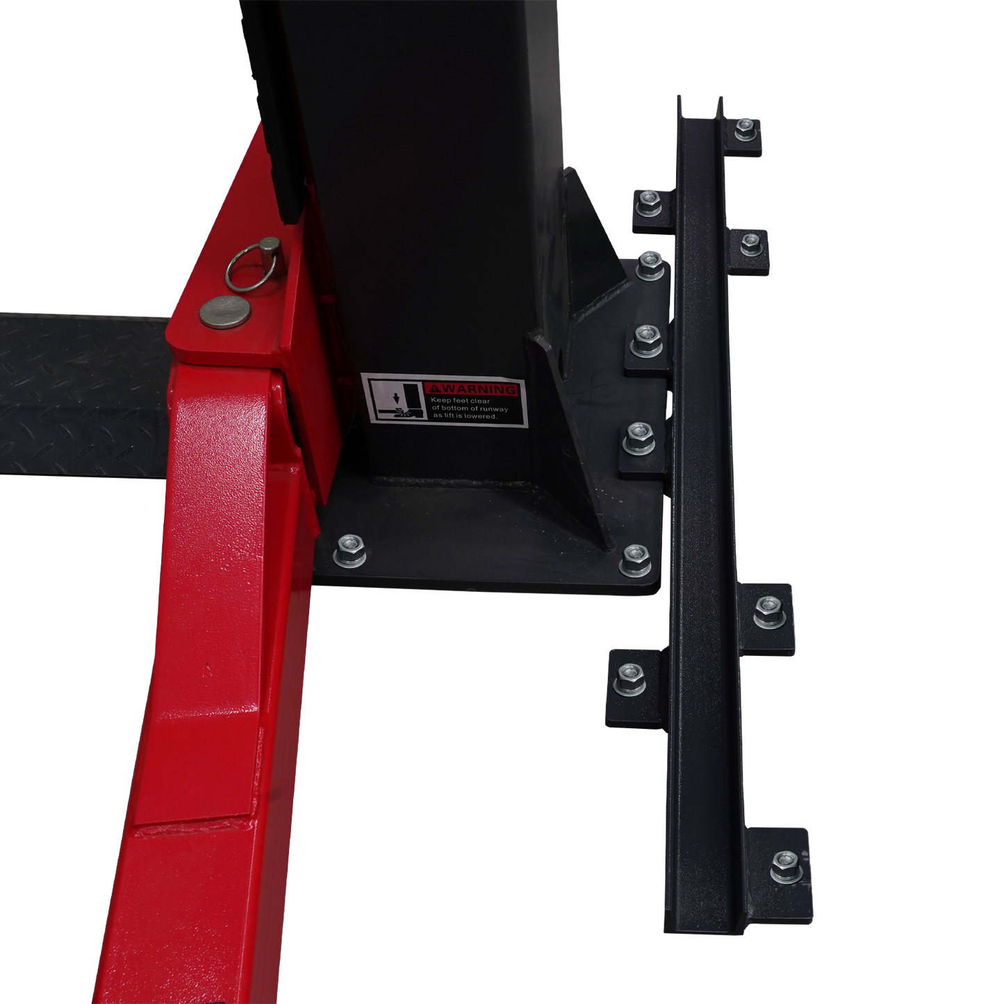 A heavy-duty column support kit, featuring a black steel bracket with multiple bolts, connected to a red baseplate and a vertical black column, complete with a warning label for safe operation. - Column Support Kit