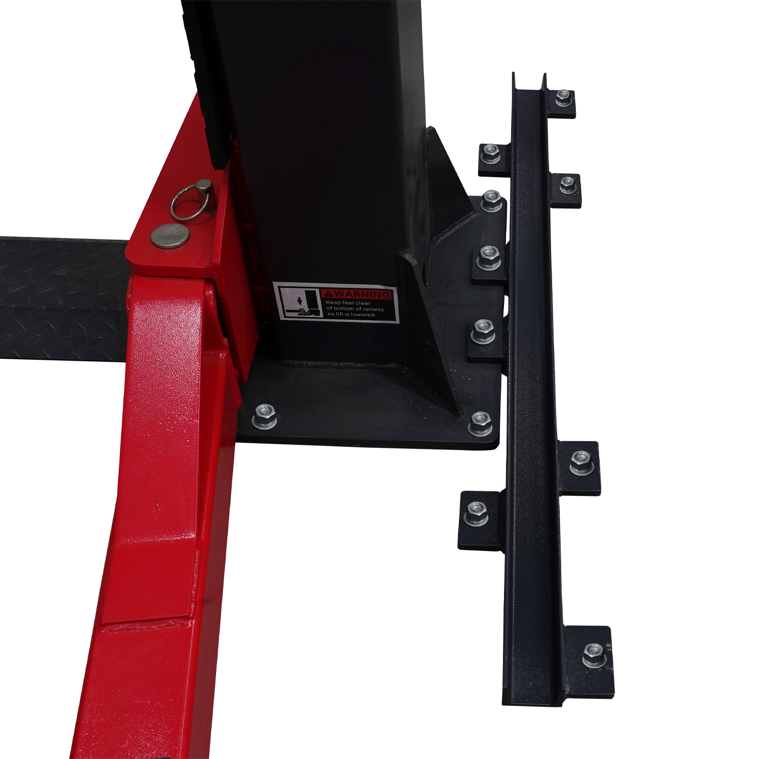 A heavy-duty column support kit, featuring a black steel bracket with multiple bolts, connected to a red baseplate and a vertical black column, complete with a warning label for safe operation. - Column Support Kit