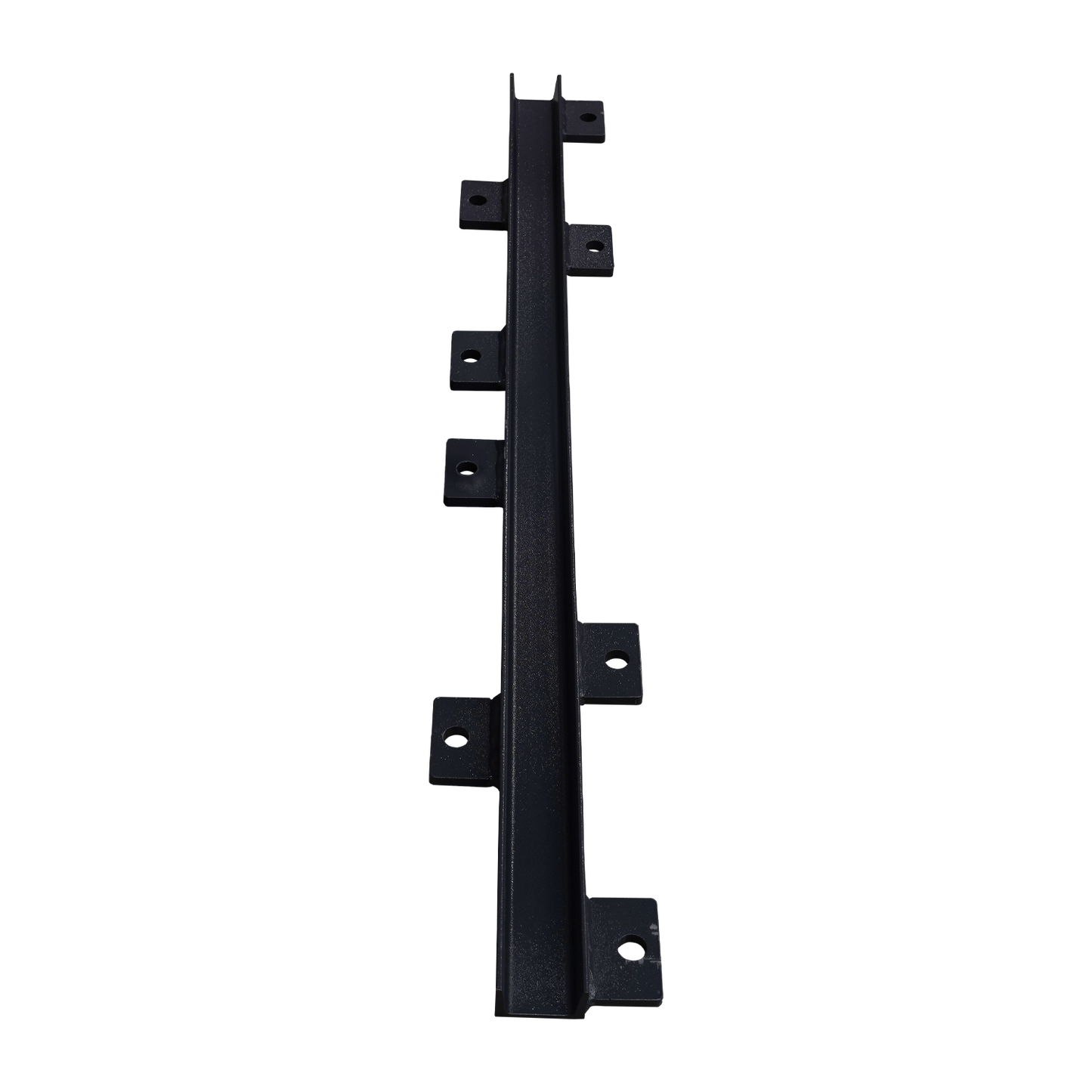 Vertical black column support kit with a series of evenly spaced mounting holes on a concrete floor background. - Column Support Kit