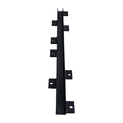 Vertical black column support kit with a series of evenly spaced mounting holes on a concrete floor background. - Column Support Kit