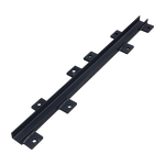 Horizontal black support beam with multiple bolt holes, part of a column support kit, adjacent to a red and black column base with a warning label, on a textured concrete surface. - Column Support Kit