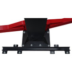 Close-up of the base of a vehicle lift column showing the black support bar with bolted connections, flanked by the red angular arms of the lift structure. - Column Support Kit