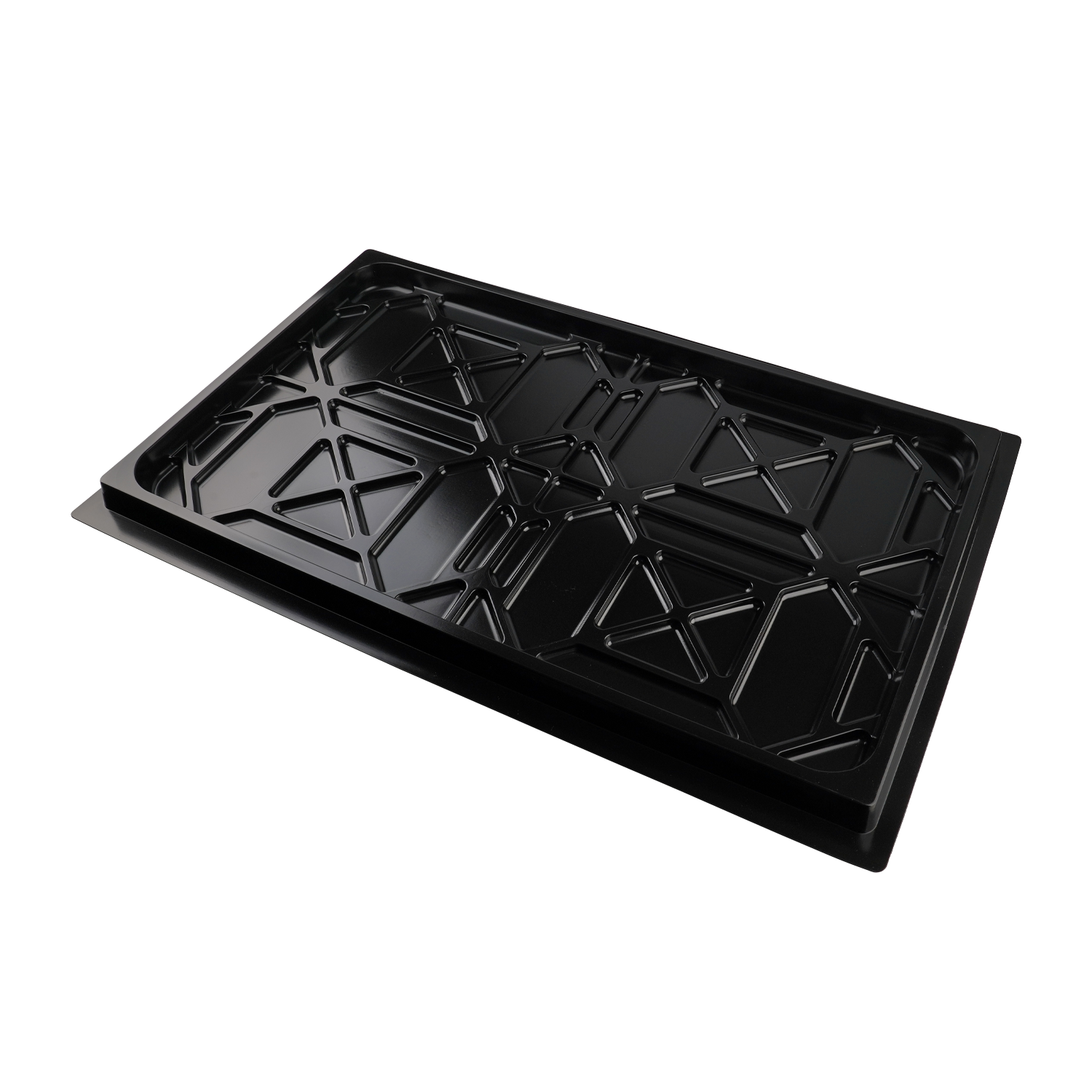 A black drip tray with a geometric, reinforced design, used for 4-post car hoists. The tray is positioned on the hoist, designed to collect fluids during vehicle storage.