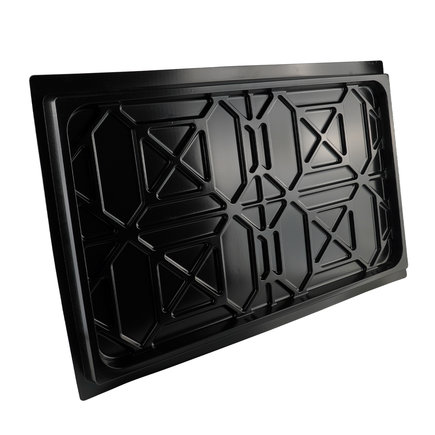 A black drip tray designed for a 4-post car hoist, featuring a raised, geometric pattern for added strength and durability.