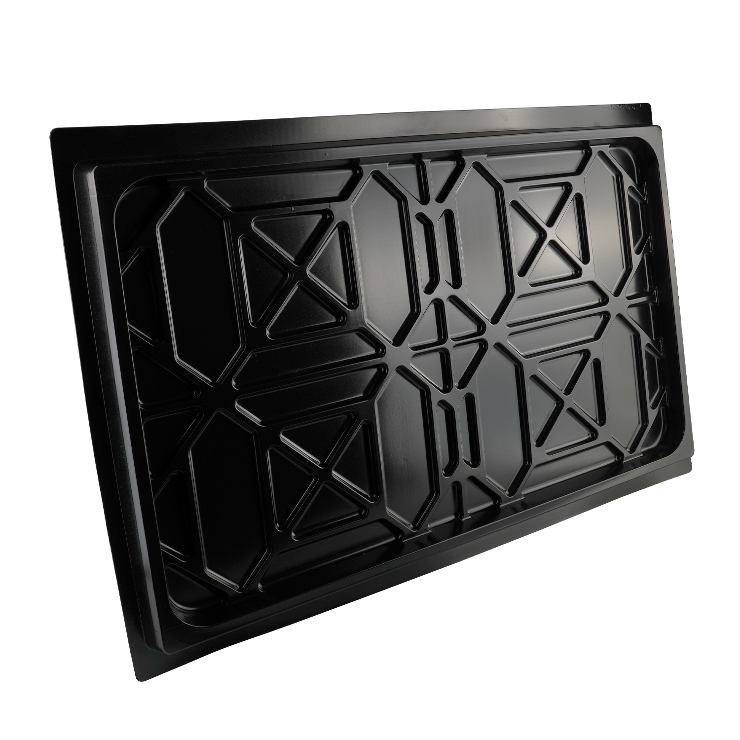 A black drip tray designed for a 4-post car hoist, featuring a raised, geometric pattern for added strength and durability.