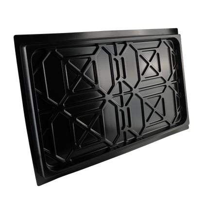 A black drip tray designed for a 4-post car hoist, featuring a raised, geometric pattern for added strength and durability.