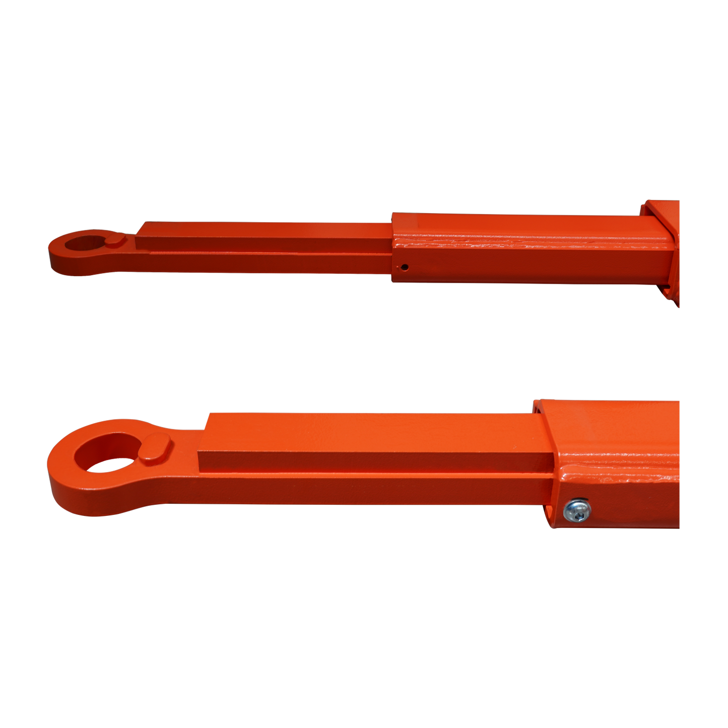 Top view of two orange low profile extension arms designed for a vehicle lift, featuring circular attachment points at one end and a bolt securing the arm assembly. 