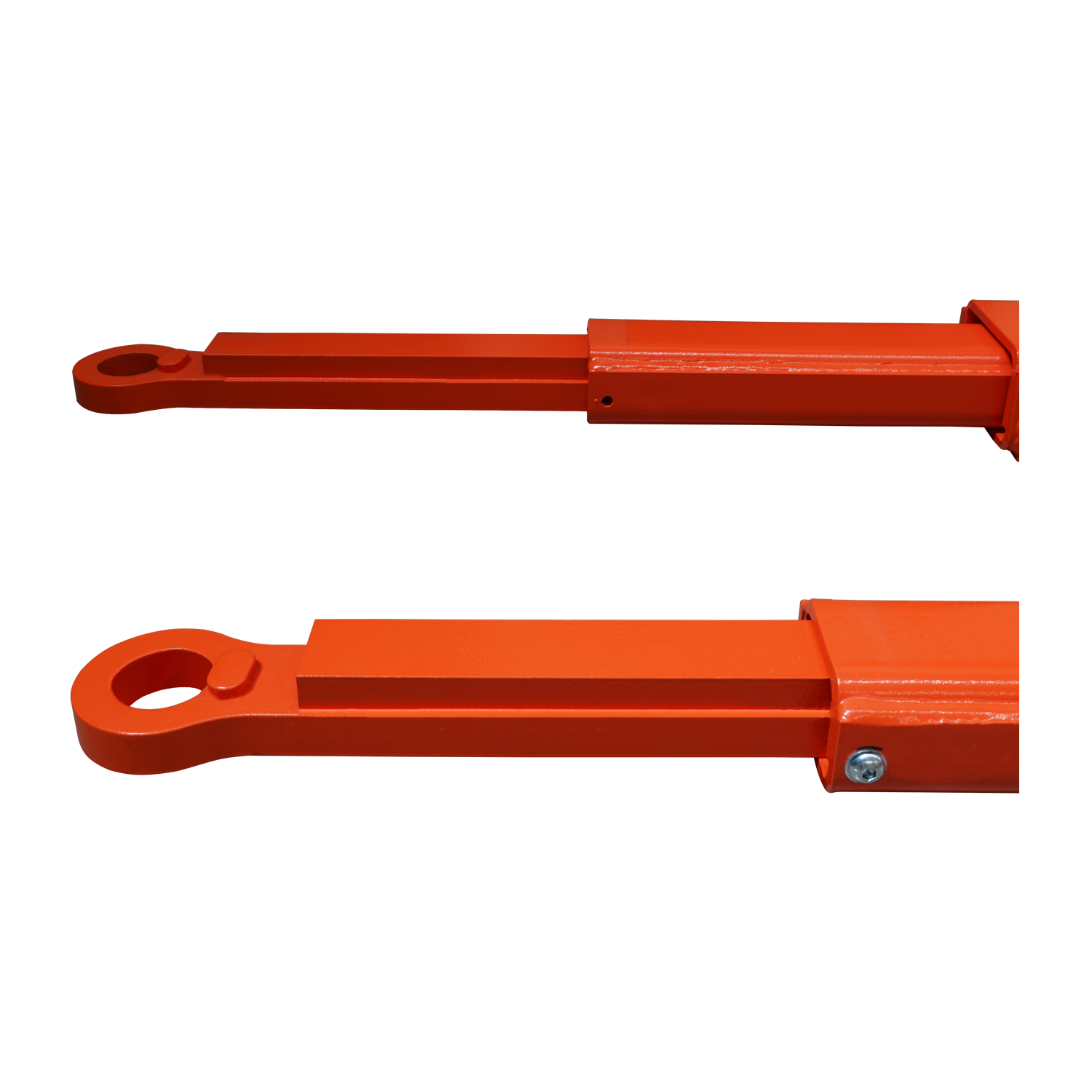 Top view of two orange low profile extension arms designed for a vehicle lift, featuring circular attachment points at one end and a bolt securing the arm assembly. 