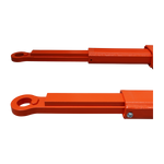Top view of two orange low profile extension arms designed for a vehicle lift, featuring circular attachment points at one end and a bolt securing the arm assembly. 