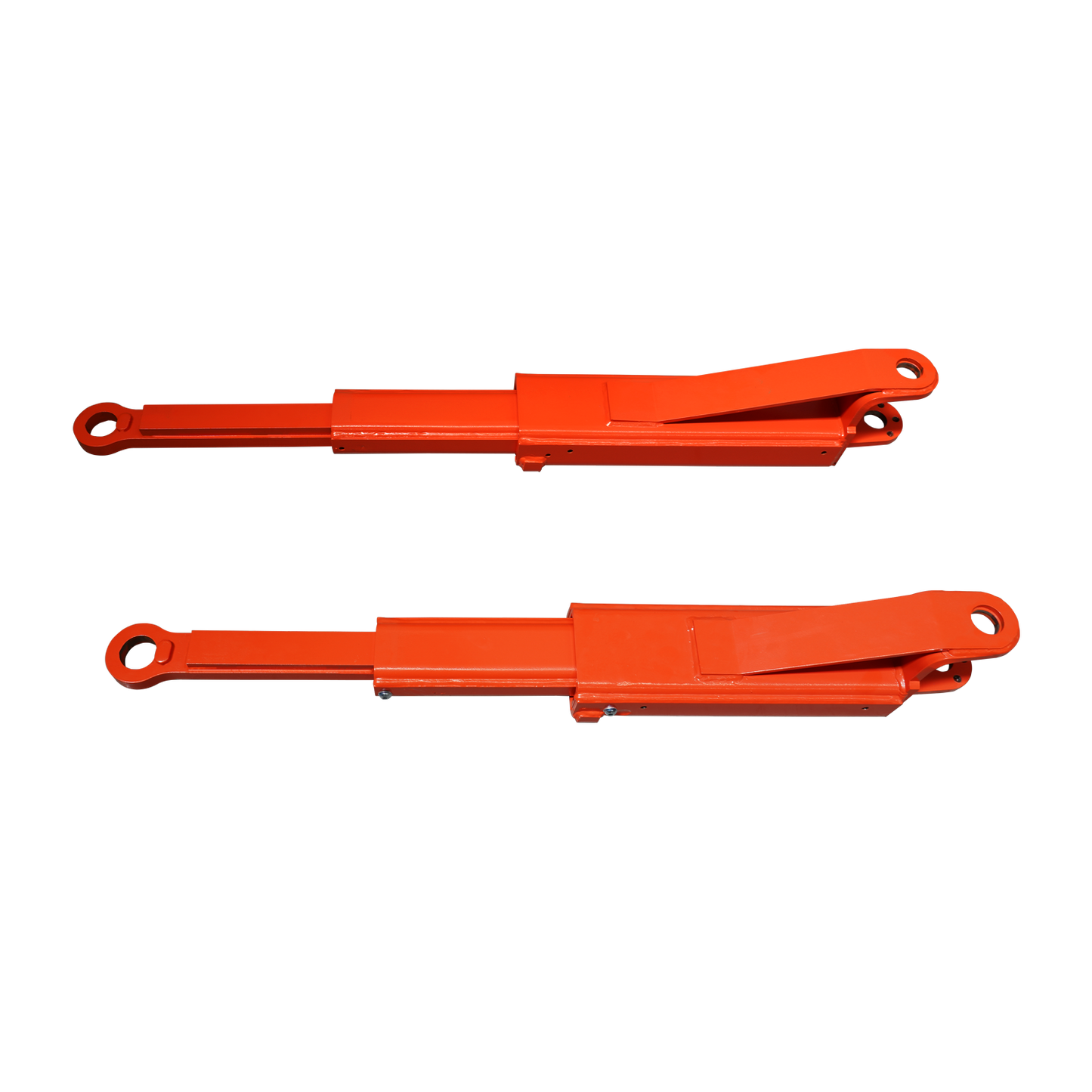 Top-down view of two orange extension arms designed for a vehicle lift, featuring circular attachment points and reinforced structures at one end for added stability. 