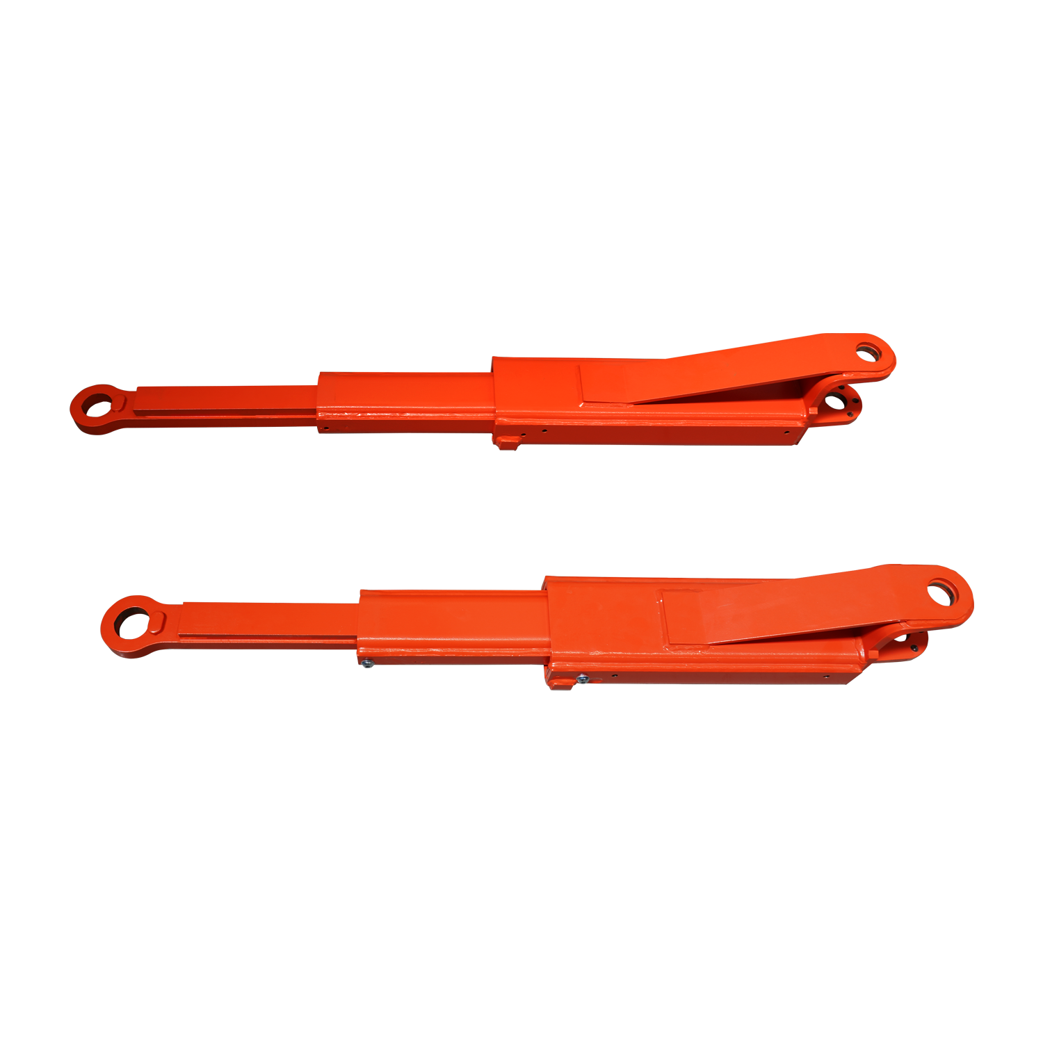 Top-down view of two orange extension arms designed for a vehicle lift, featuring circular attachment points and reinforced structures at one end for added stability. 