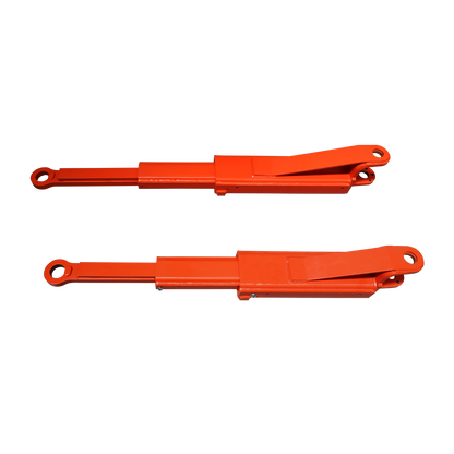 Top-down view of two orange extension arms designed for a vehicle lift, featuring circular attachment points and reinforced structures at one end for added stability. 