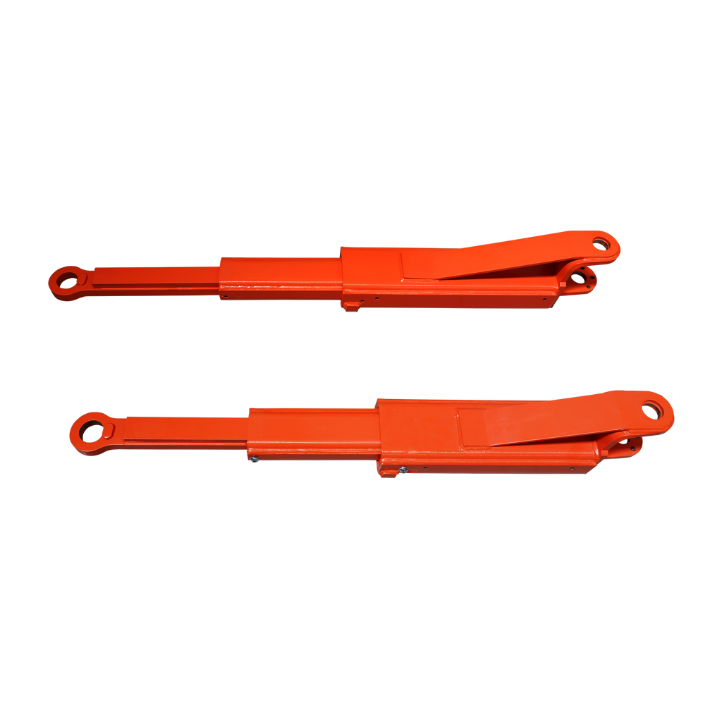Top-down view of two orange extension arms designed for a vehicle lift, featuring circular attachment points and reinforced structures at one end for added stability. 