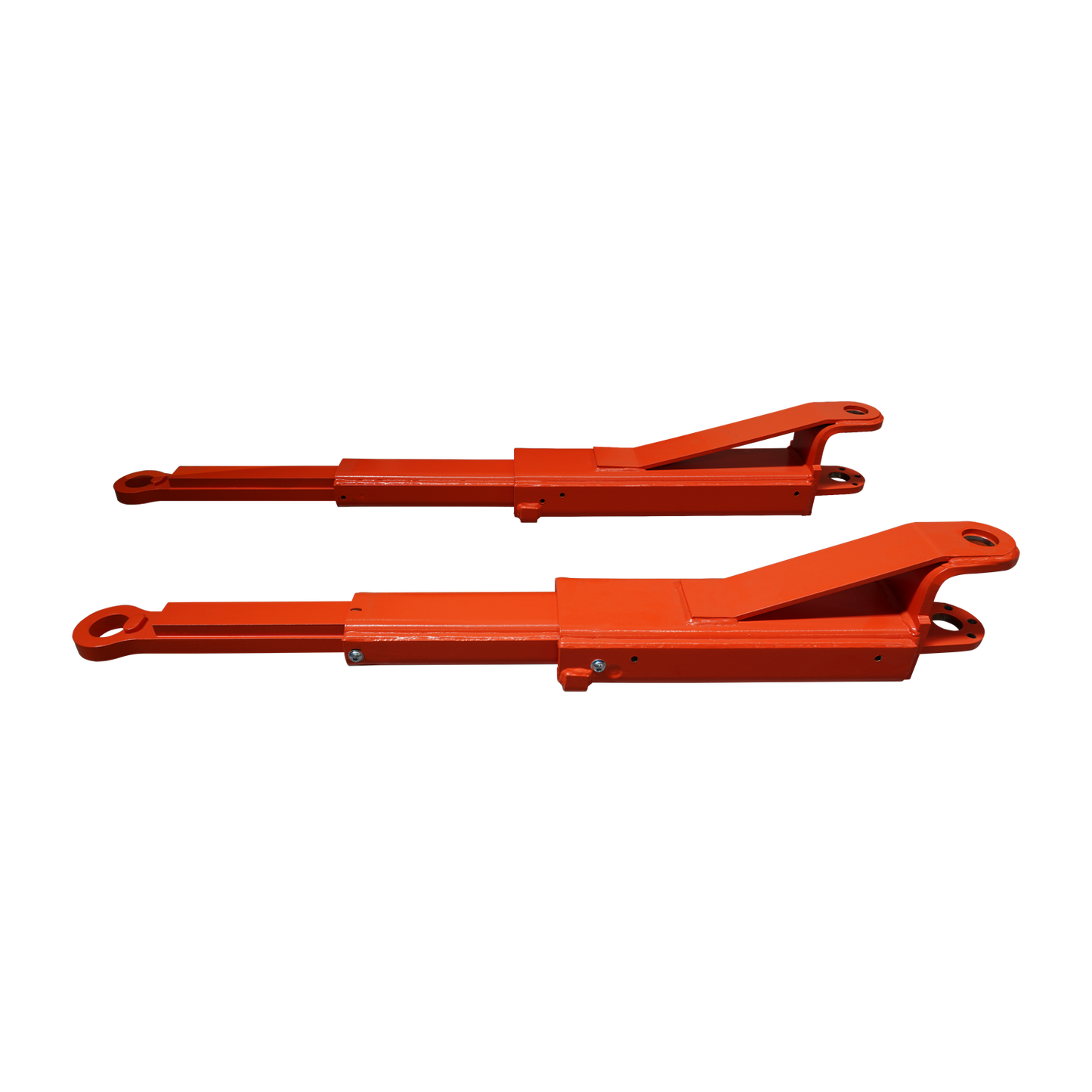 Two low profile orange extension arms designed for vehicle lifts, shown in a side-by-side configuration, highlighting their sturdy construction and attachment points. 