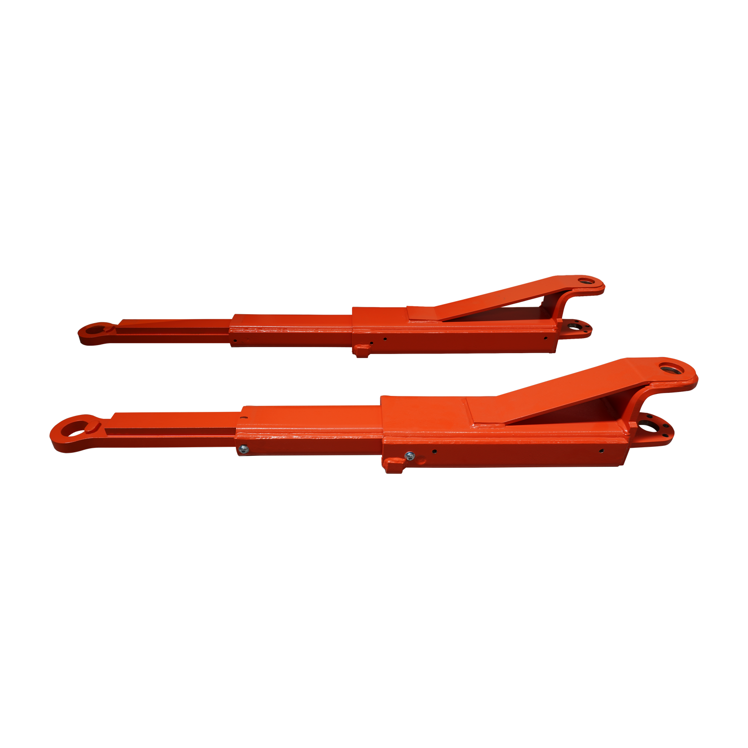 Two low profile orange extension arms designed for vehicle lifts, shown in a side-by-side configuration, highlighting their sturdy construction and attachment points. 