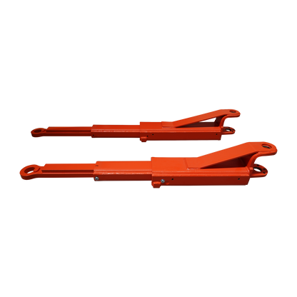 Two low profile orange extension arms designed for vehicle lifts, shown in a side-by-side configuration, highlighting their sturdy construction and attachment points. 