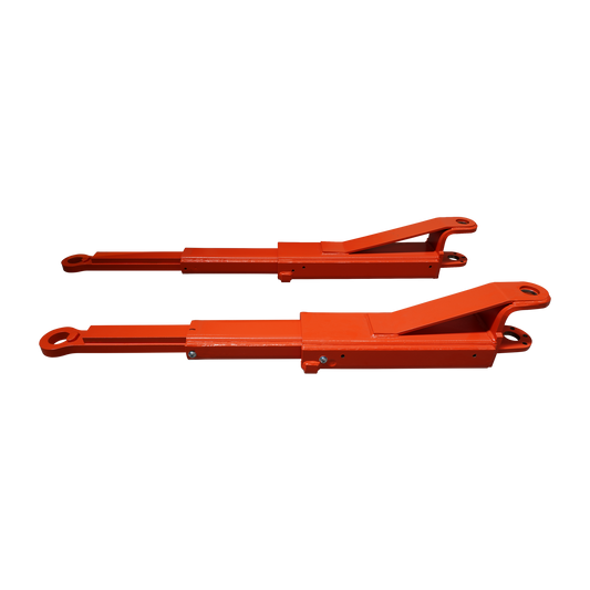 Two low profile orange extension arms designed for vehicle lifts, shown in a side-by-side configuration, highlighting their sturdy construction and attachment points. 