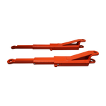 Two low profile orange extension arms designed for vehicle lifts, shown in a side-by-side configuration, highlighting their sturdy construction and attachment points. 