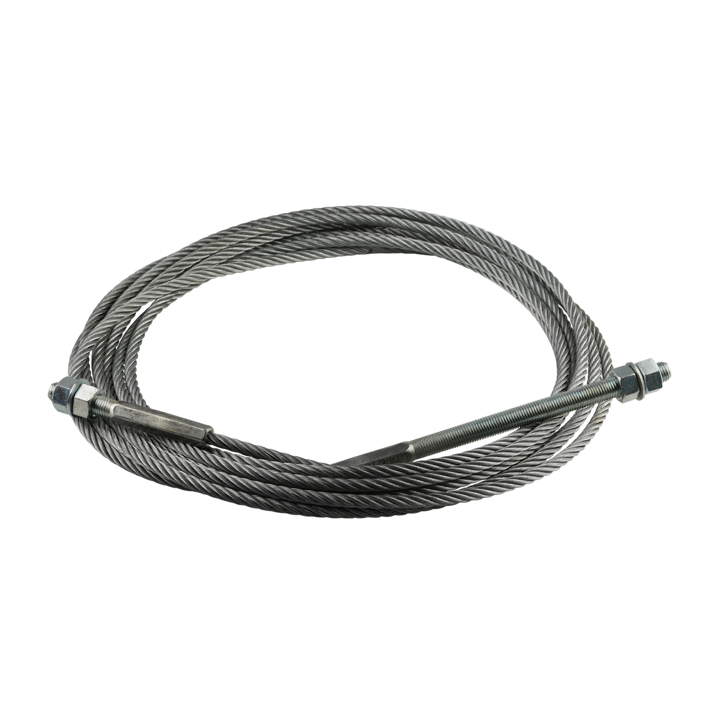 This image shows a coiled EAE 2 Post Hoist Cable with a length of 10,900mm, including the threaded ends. The cable has a 9.52mm diameter and features M16 threads at both ends, suitable for hoist installations and mechanical lifting systems.