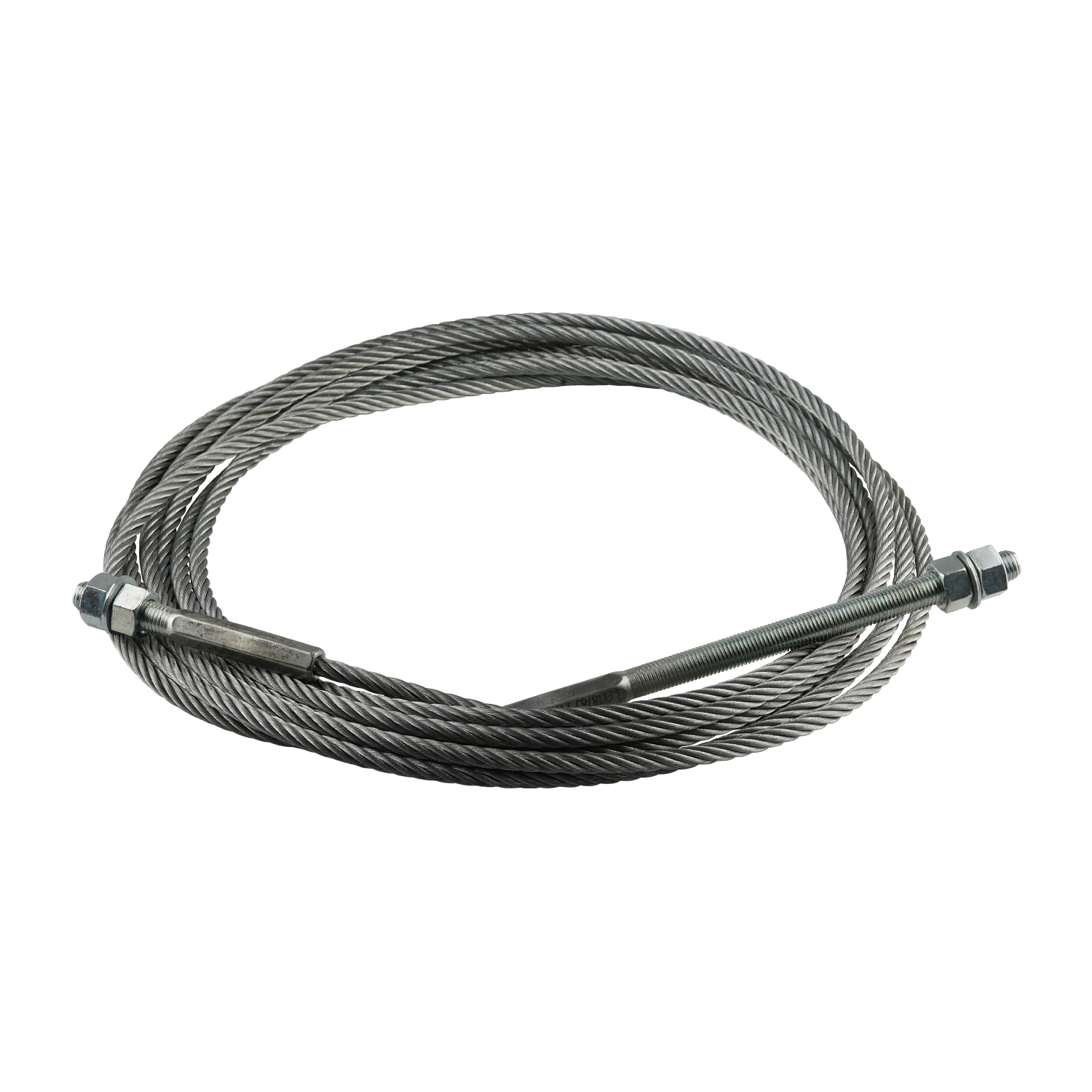 This image shows a coiled EAE 2 Post Hoist Cable with a length of 10,900mm, including the threaded ends. The cable has a 9.52mm diameter and features M16 threads at both ends, suitable for hoist installations and mechanical lifting systems.