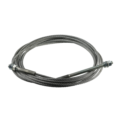 This image shows a coiled EAE 2 Post Hoist Cable with a length of 10,900mm, including the threaded ends. The cable has a 9.52mm diameter and features M16 threads at both ends, suitable for hoist installations and mechanical lifting systems.