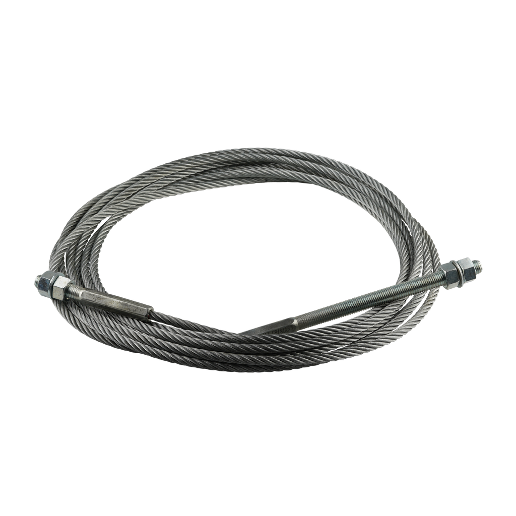 This image shows a coiled EAE 2 Post Hoist Cable with a length of 10,900mm, including the threaded ends. The cable has a 9.52mm diameter and features M16 threads at both ends, suitable for hoist installations and mechanical lifting systems.