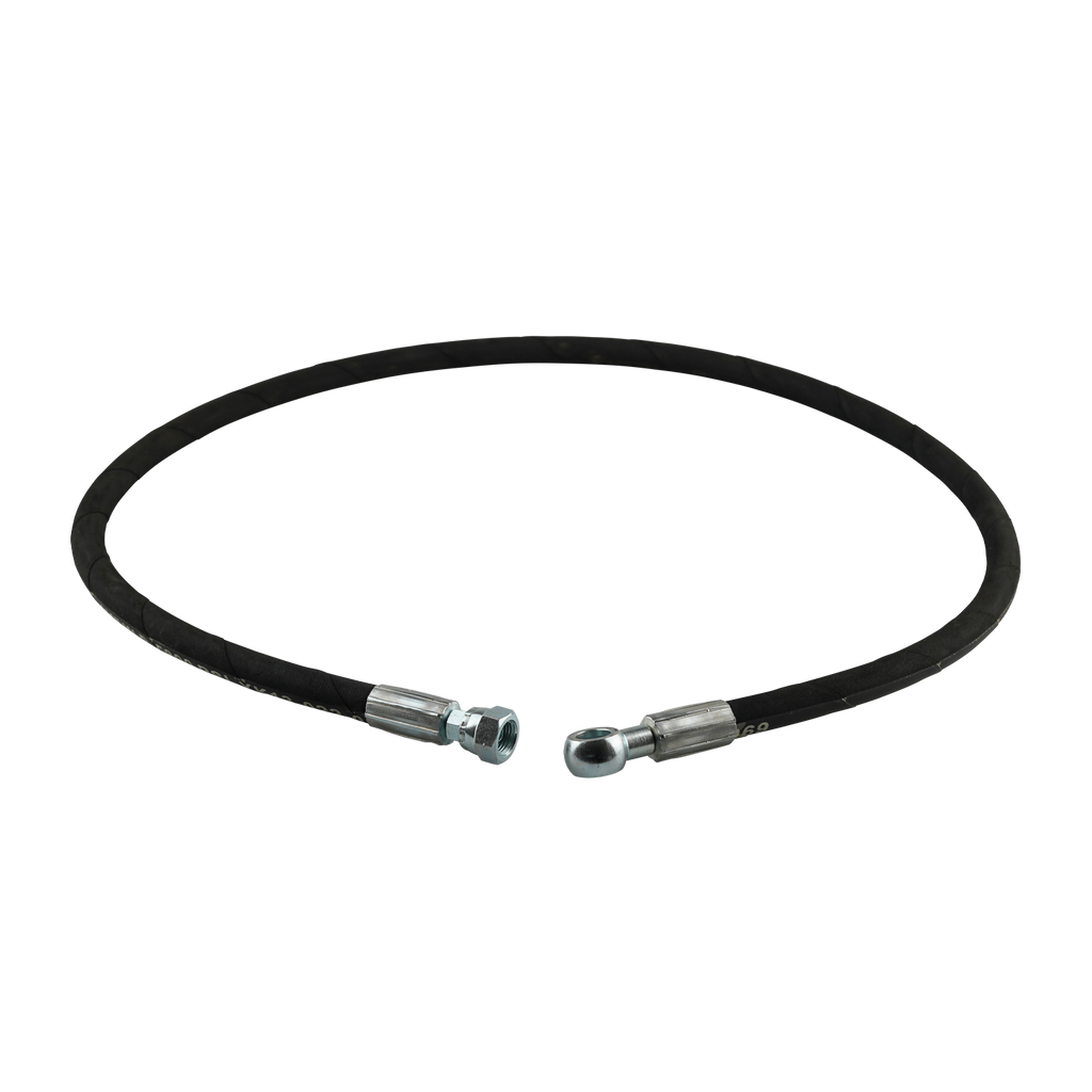 This image shows a 1230mm hydraulic hose designed for use with an EAE 2-post car hoist. The hose features standard hydraulic fittings on each end, with one end having a female threaded connector and the other featuring a banjo fitting. The hose is labeled SAE 100R2AT-5/16" with a working pressure of 5000 PSI. For model compatibility, it is advised to consult a Tufflift Hoists representative.