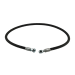This image shows a 1230mm hydraulic hose designed for use with an EAE 2-post car hoist. The hose features standard hydraulic fittings on each end, with one end having a female threaded connector and the other featuring a banjo fitting. The hose is labeled SAE 100R2AT-5/16" with a working pressure of 5000 PSI. For model compatibility, it is advised to consult a Tufflift Hoists representative.