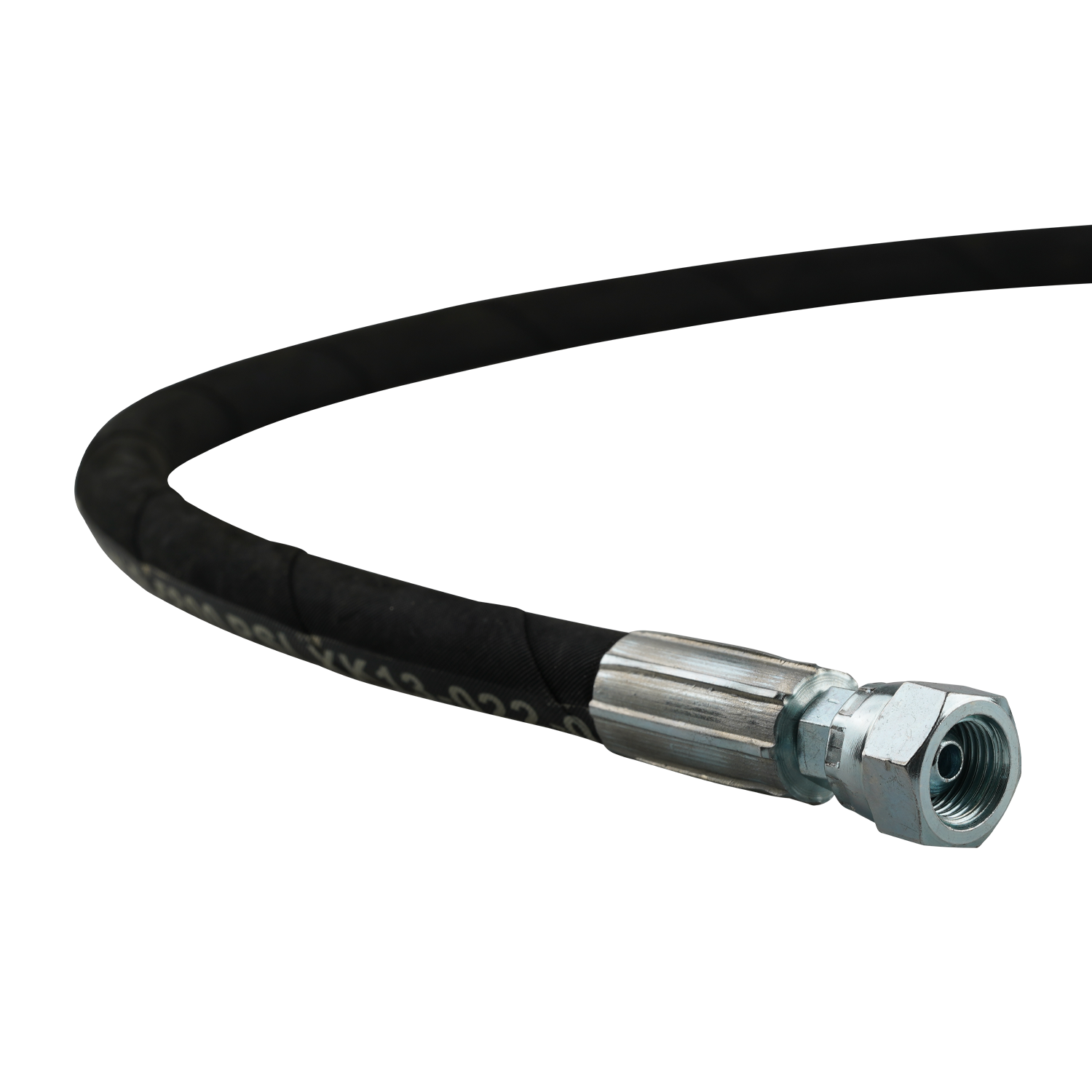 This image shows a close-up of a hydraulic hose, specifically the end with a female threaded fitting. The crimped fitting secures the hose end to the metal connector, providing a reliable and durable hydraulic seal.