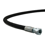 This image shows a close-up of a hydraulic hose, specifically the end with a female threaded fitting. The crimped fitting secures the hose end to the metal connector, providing a reliable and durable hydraulic seal.