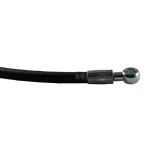 This image shows a hydraulic hose with a crimped metal fitting and a banjo-style connector at one end. The banjo fitting is used for creating tight hydraulic connections, typically in high-pressure applications such as automotive hoist systems. The hose is reinforced to handle high working pressures, labeled with details including "5000 PSI." The smooth, black hose material and metallic fitting provide durability and secure hydraulic performance.