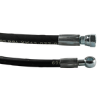 This image displays two hydraulic hose ends, each with a distinct fitting. The top portion shows a standard crimped metal fitting with a hexagonal nut, designed for secure attachment in hydraulic systems. The bottom portion shows a banjo fitting, typically used for tight spaces where fluid transfer must occur in a confined area. Both fittings are crimped onto a reinforced black hydraulic hose, with specifications like "5000 PSI" marked along the length of the hose. The fittings ensure durability and leak-pr