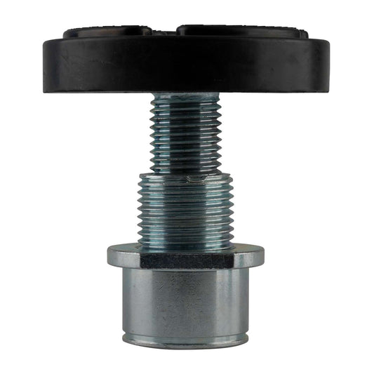 A fully extended drop in screw pad with a black rubber pad and silver hardware